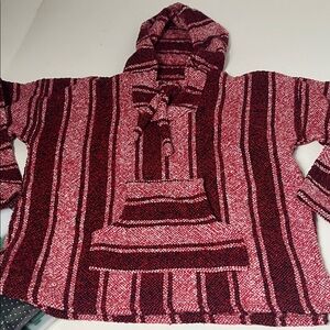 Homemade Red Small Striped Thick Baja Style Pull Over Hoodie